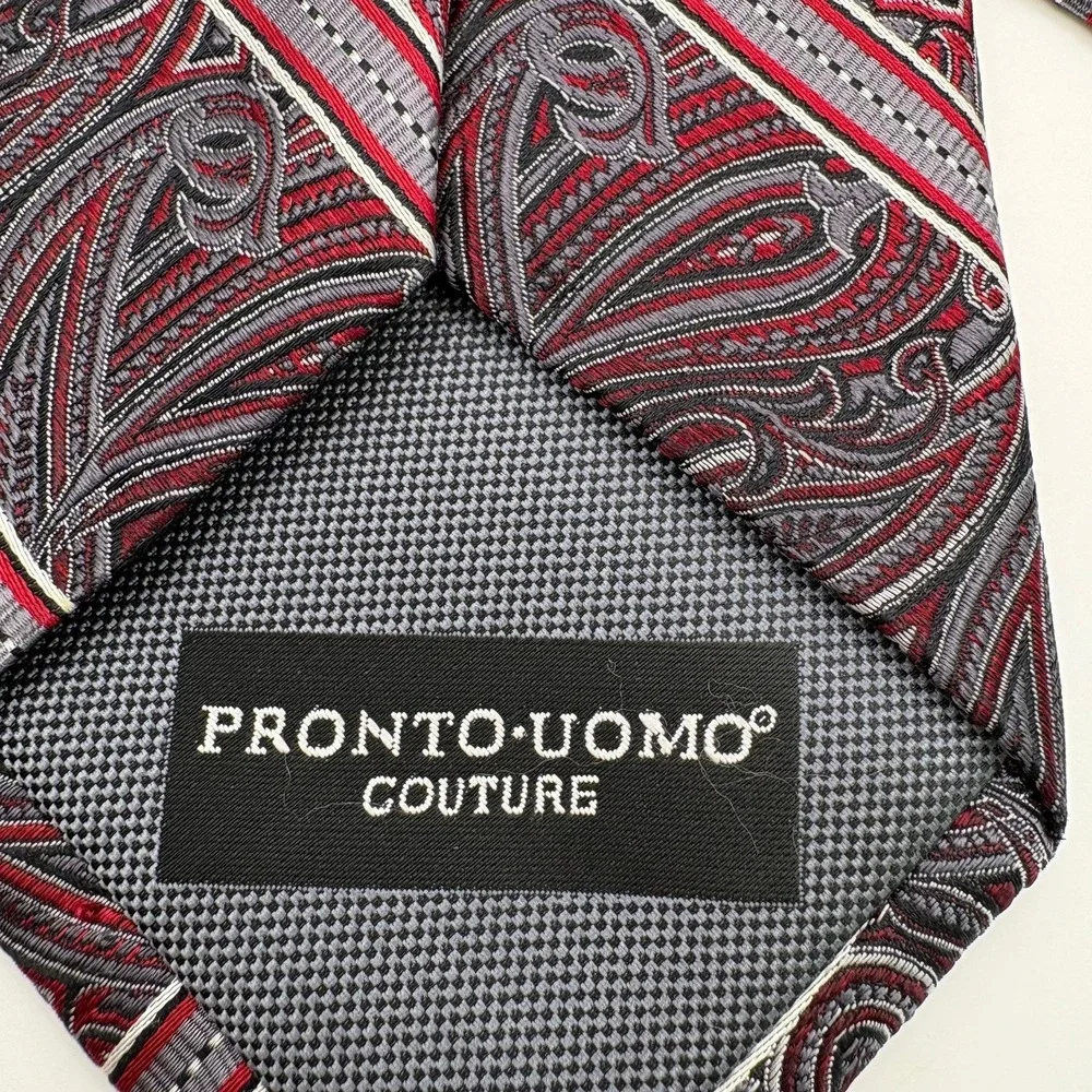 Pronto Uomo Couture Mens Silk Necktie‎ Red Grey Paisley Striped Hand Made